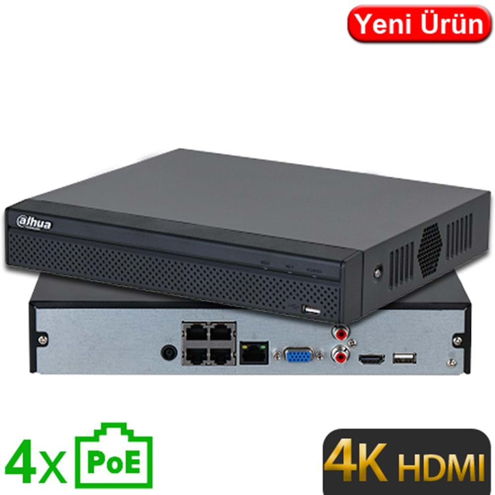 DAHUA (NVR2104HS-P-4KS3) 4 KANAL 4 PORT POE 4K 1x20TB 1xHDMI 1xVGA 2xUSB 1xRJ45 NVR KAYIT 