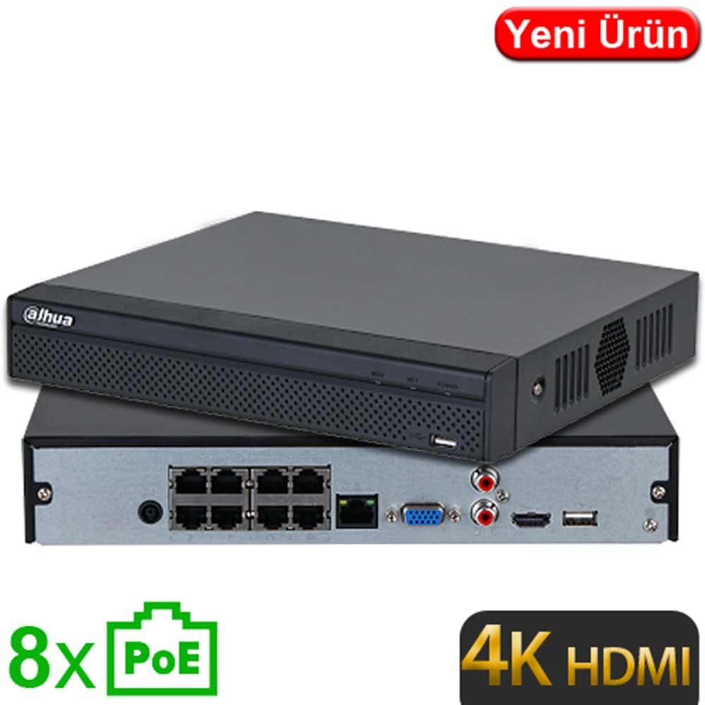 DAHUA (NVR2108HS-8P-4KS3) 8 KANAL 8 PORT POE 4K 1x20TB 1xHDMI 1xVGA 2xUSB 1xRJ45 NVR KAYIT 