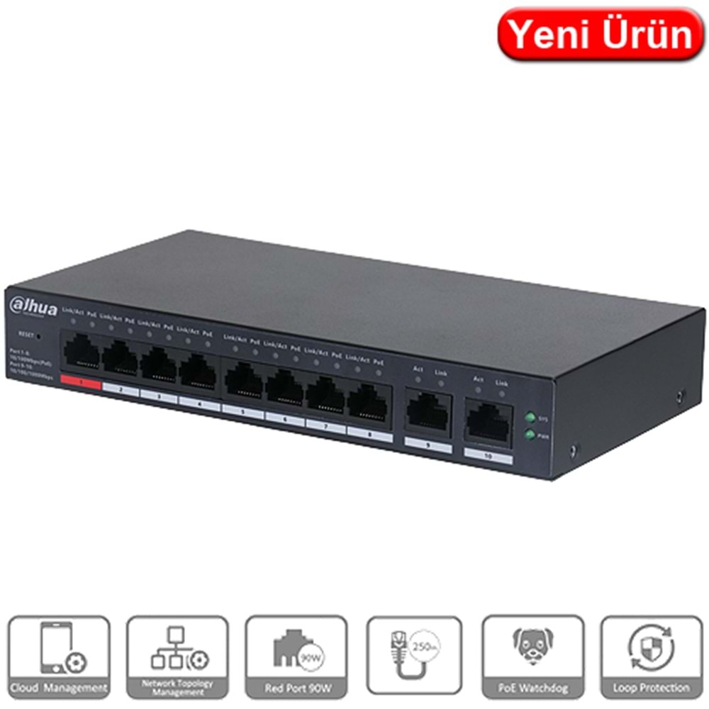 DAHUA (CS4010-8ET-110) 10 PORT 8xPOE 10/100 110W CLOUD YÖNETILEBILIR SWITCH