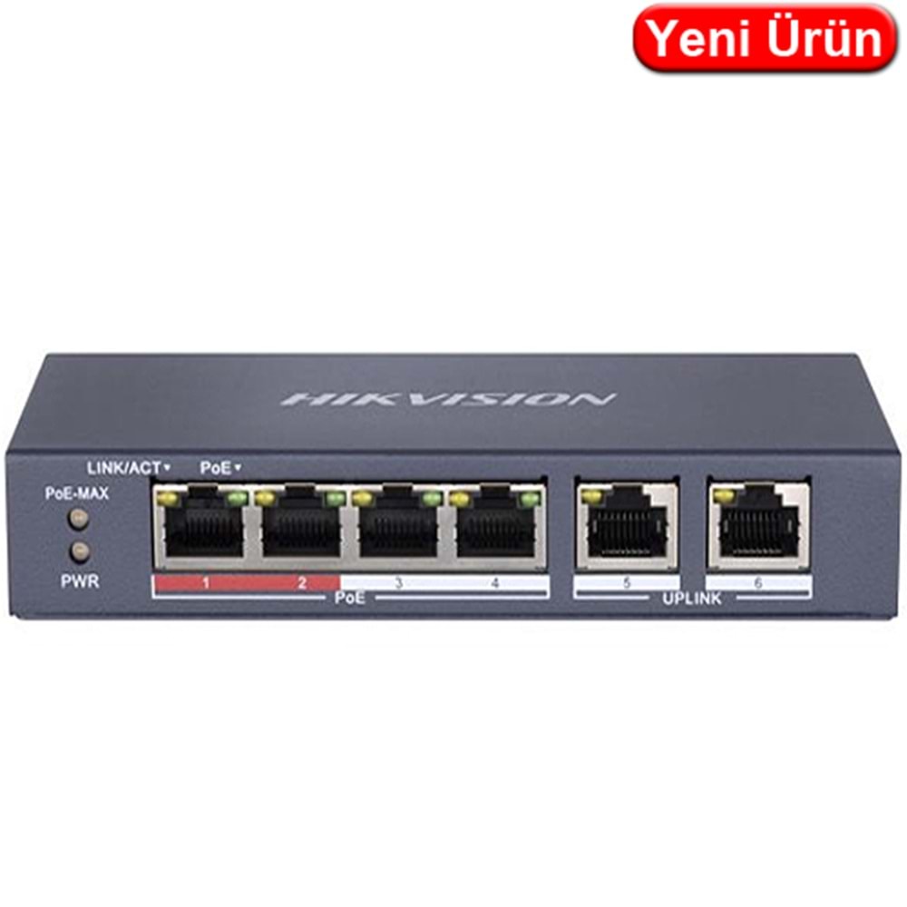 HIKVISION (DS-3E0106P-E/M) 4 PORT 4x10/100 POE 2x100M UPLINK PORT POE YÖNETİLEMEZ SWITCH (35W) 
