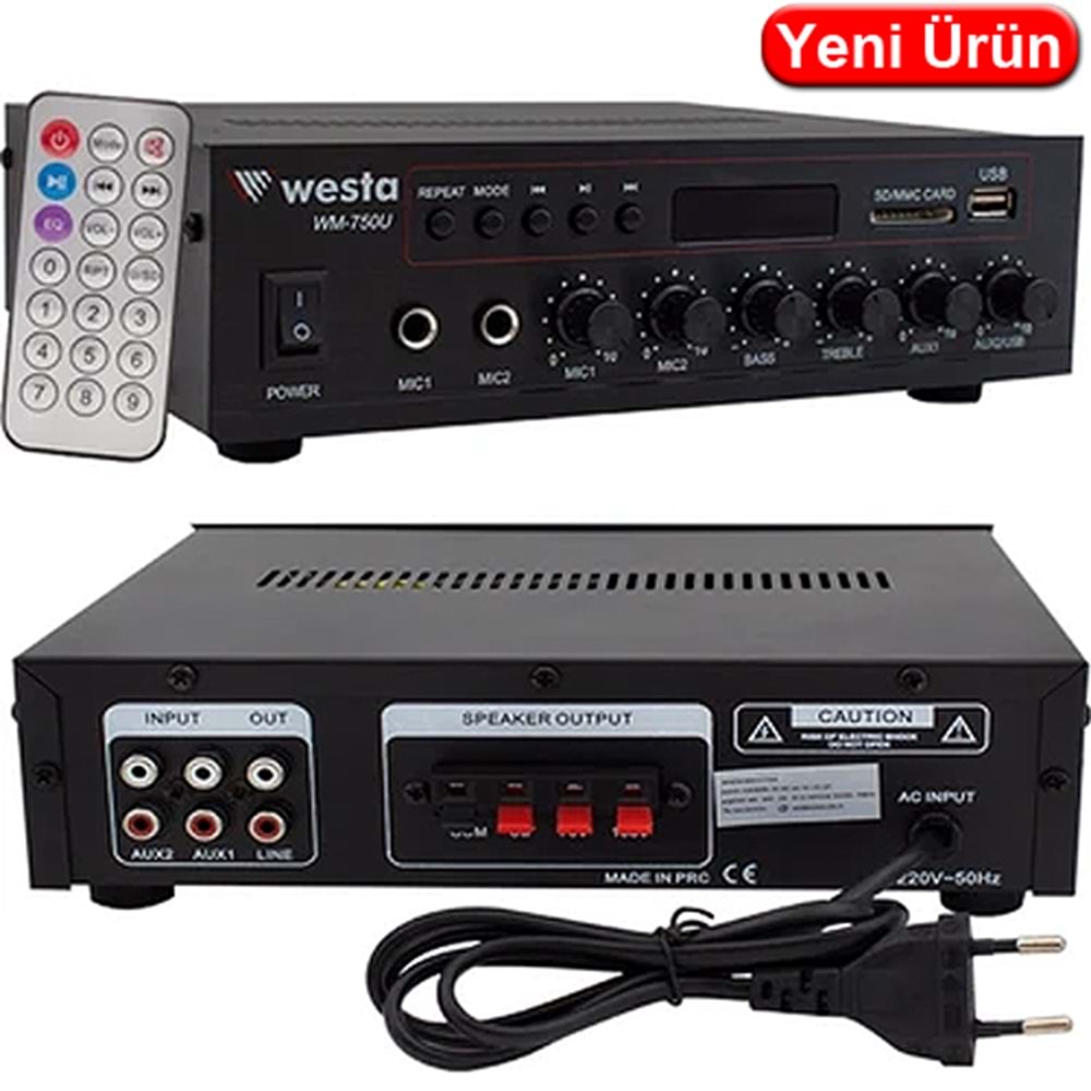 WESTA (WM-750U) 80W USB/SD-BLUETOOT/2 MİKROFON GİRİŞLİ TARFOLU ANFİ