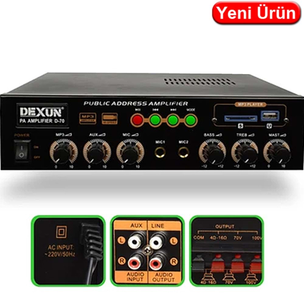 DEXUN (D-70) 70W USB/SD/AUX 2 MİKROFON GİRİŞLİ TRAFOLU STEREO ANFİ 