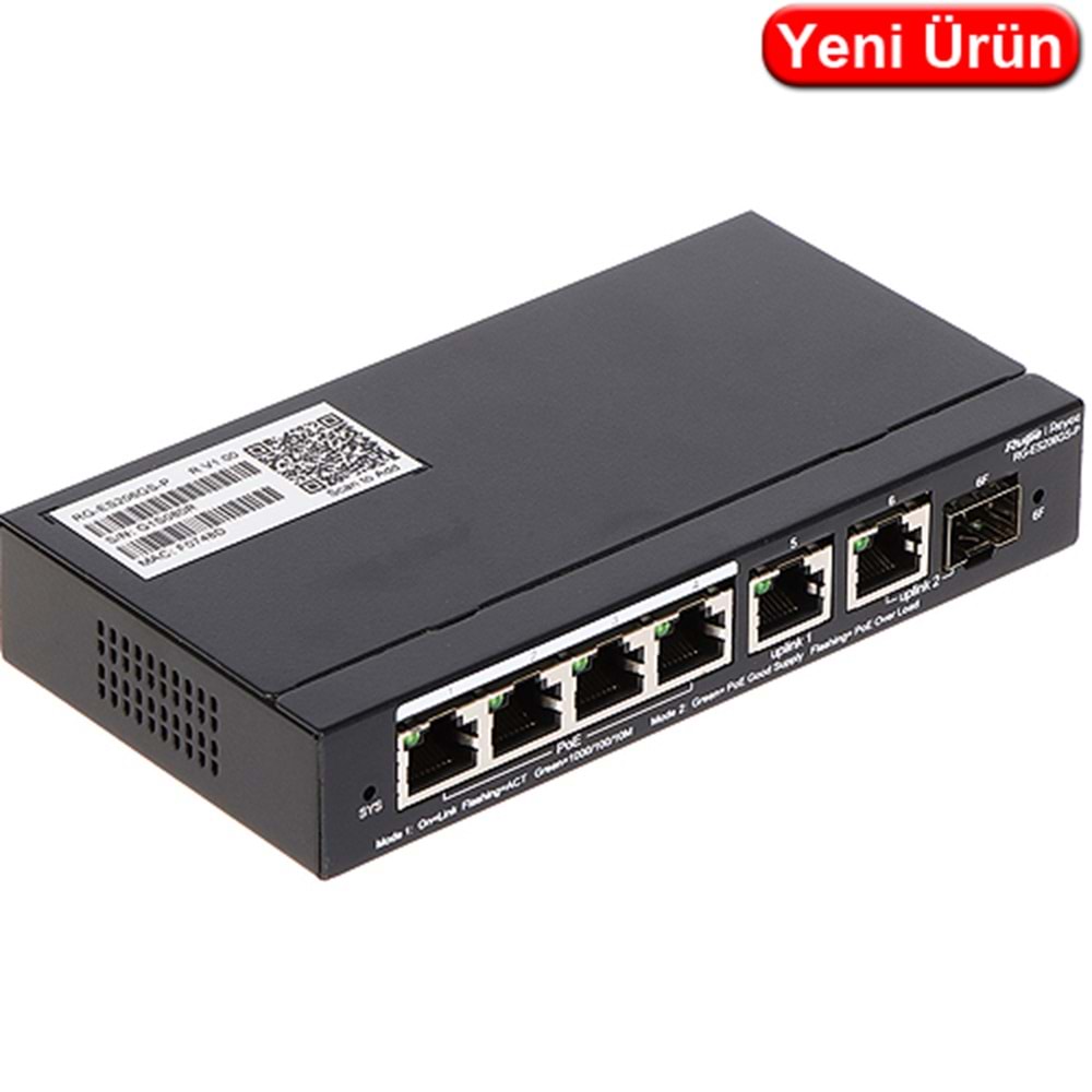 RUIJIE (RG-ES206GS-P) 4 PORT 10/100/1000 4 PORT POE + 1XGE UPLINK 1 X SFP 54W CLOUD YONETILEBILİR