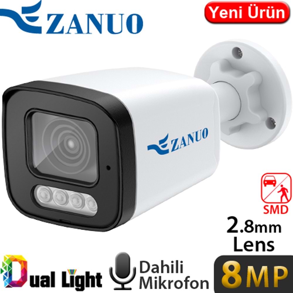 ZANUO (ZN-IPC-B1810C-S2-AS-L-2.8MM) 8MP 2,8MM DUAL LIGHT IP67 DAH.MİK.128GB SD BULLET IP KAMERA 40MT