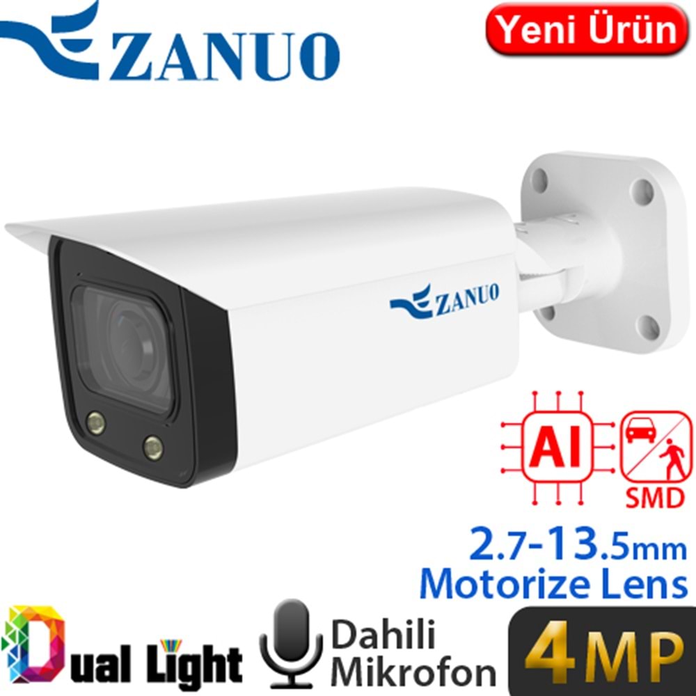 ZANUO (ZN-IPC-B2410E-ZAS-L) 4MP 2,7-13,5MM DUAL LIGHT+SMD+YAPAY ZEKA IP67 DAH.MİK.128GB BUL.KAM.50MT