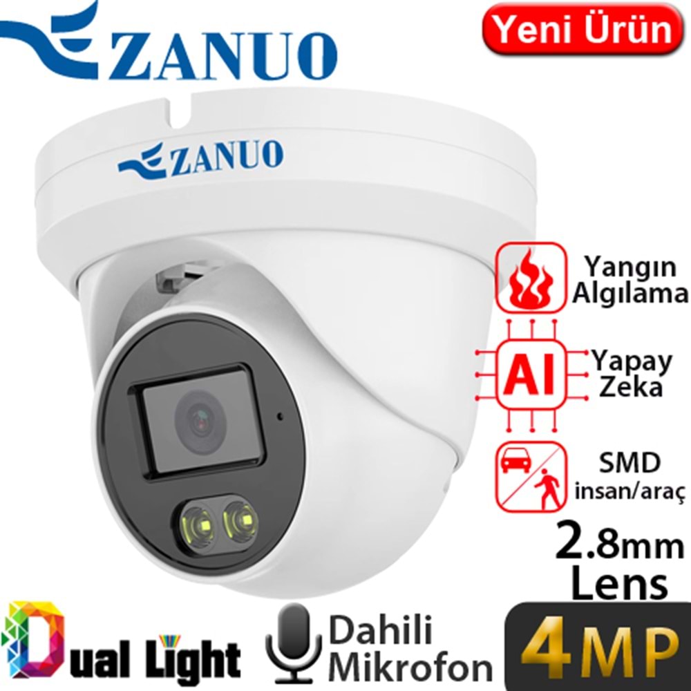 ZANUO (ZN-IPC-E2412C-S2-L-2.8MM) 4MP 2,8MM MAGİC COLOR IP67 DAH.MİK.128GB SD WDR SMD DOME KAM40M