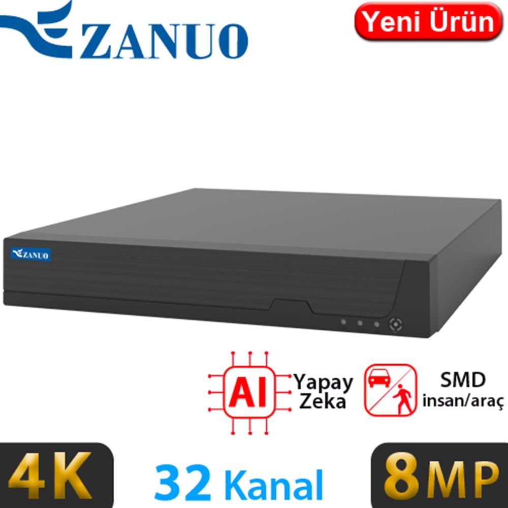 ZANUO (ZN-NVR6232E-I-L) 32 KANAL 2x14TB HDD DESTEKLİ 8MP KAMERA DESTEKLİ 4K NVR KAYIT CİHAZI