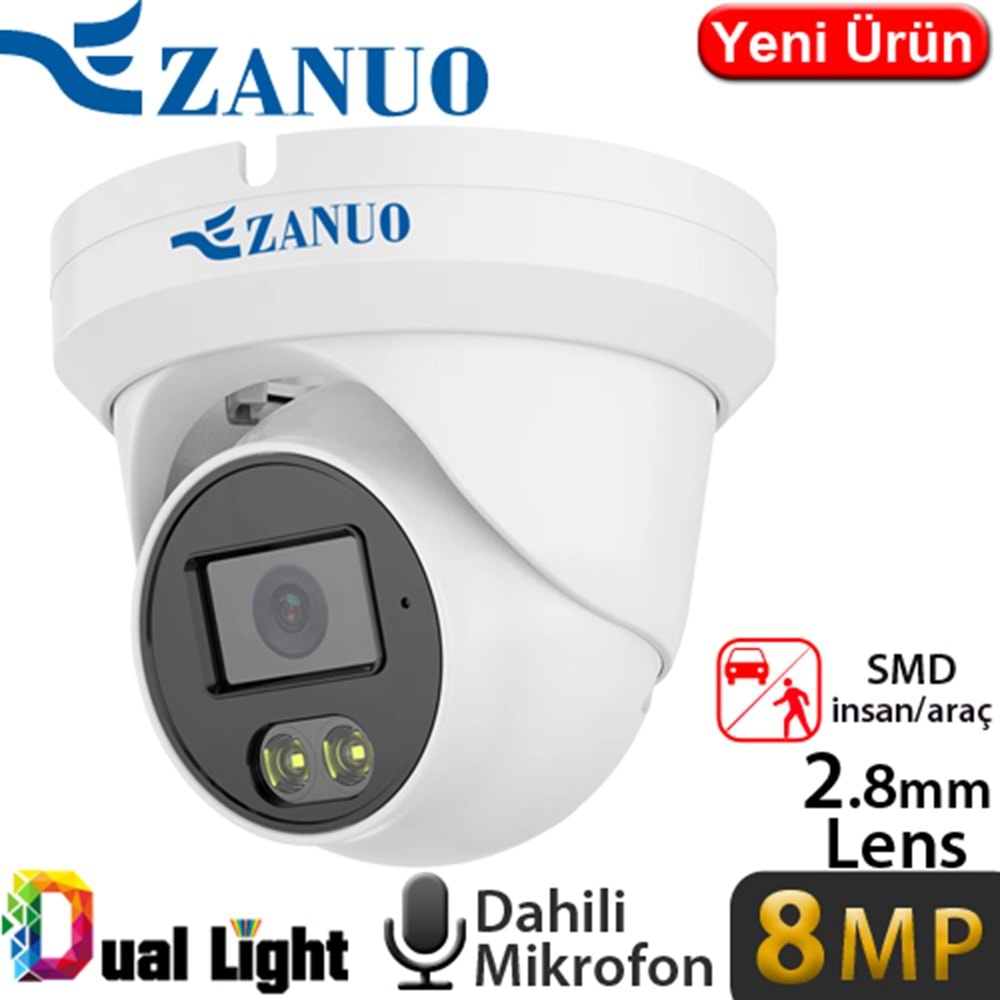 ZANUO (ZN-IPC-E1810C-S2-AS-L-2.8MM) 8MP 2,8MM DUAL LIGHT IP67 DAH.MİK.128GB SD DOME IP KAMERA 40MT