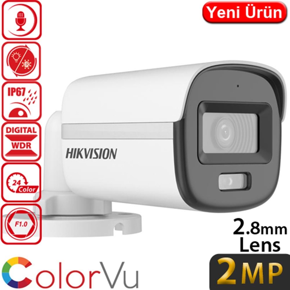 HIKVISION (DS-2CE10DF0T-LPFS) 2MP 2.8MM 1080P HD-TVI COLORVU PLASTİK DIŞ ORTAM SESLİ IR KAMERA 20MT.