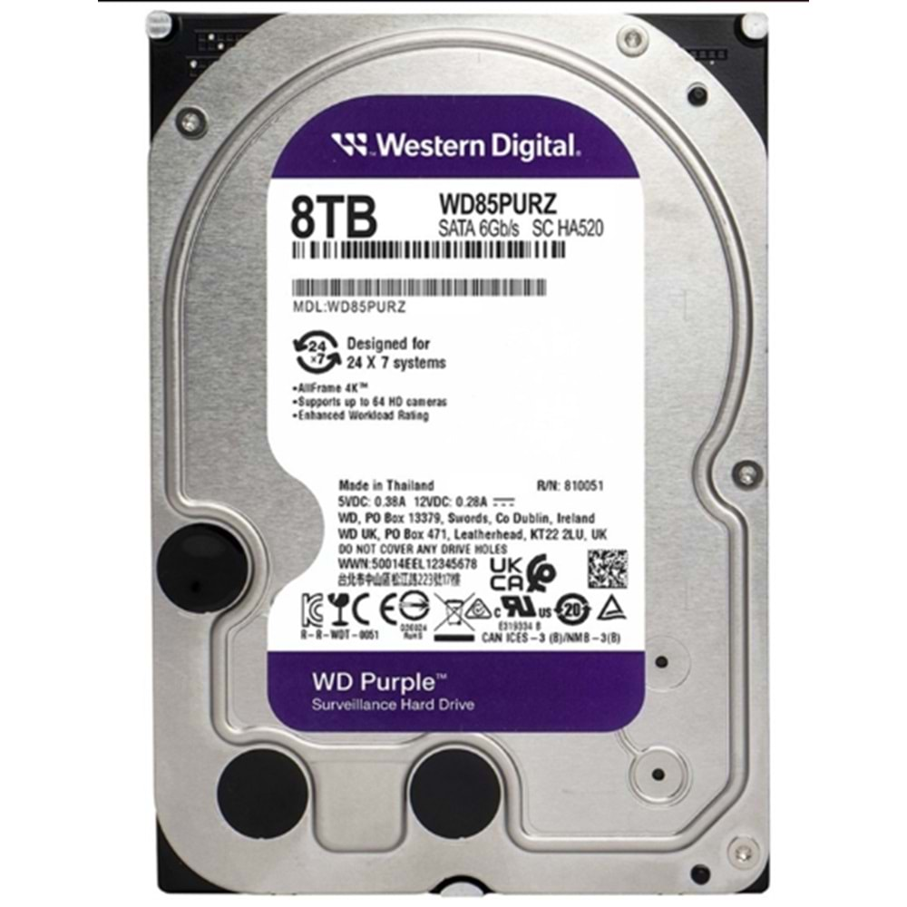 8TB 3.5 WD SATA 6460RPM 256MB PURPLE WD85PURZ 7/24 ( 3 Yıl Garanti )