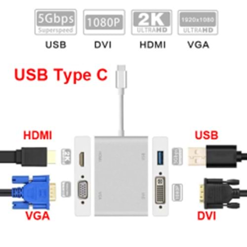 TEKNOGREEN (TKD-866) TYPE C TO HDMI+DVI+VGA+USB ADAPTÖR