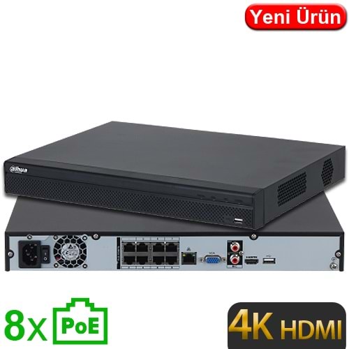 OUTLET DAHUA (NVR4208-8P-4KS3) 8 KANAL 4K 2x20TB 8 PORT POE 1xHDMI 1xVGA 2xUSB 1xRJ45 NVR KAYIT 