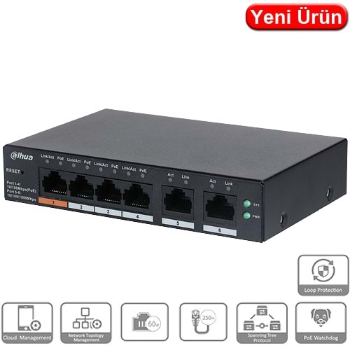 OUTLET DAHUA (CS4006-4GT-60) 6 PORT GİGABİT 4 PORT POE CLOUD YÖNETİLEBİLİR SWITCH