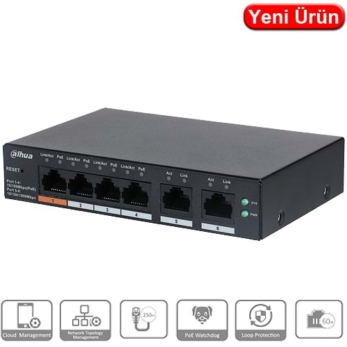 OUTLET DAHUA (CS4006-4ET-60) 6 PORT 4xPOE 10/100 60W CLOUD YÖNETILEBILIR SWITCH