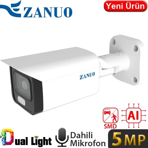 ZANUO (ZN-IPC-B3511T-AS-L-3,6MM) 5MP 3,6MM DUAL LIGHT+SMD+YAPAY ZEKA IP67 DAH.MİK.128GB BUL.KAM.50MT