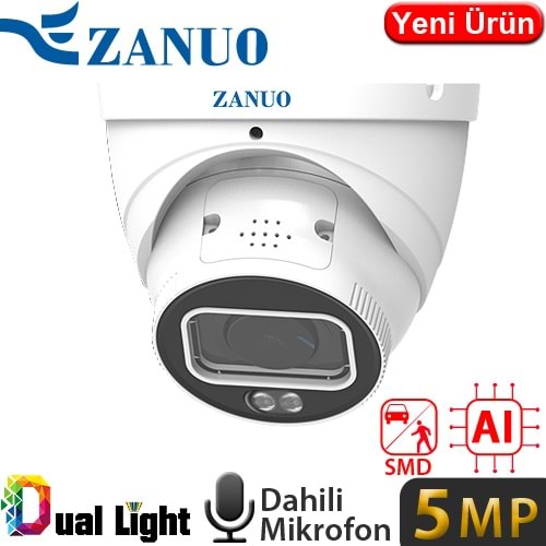 ZANUO (ZN-IPC-E3511M-AS-L-2,8MM) 5MP 2,8MM DUAL LIGHT+SMD+YAPAY ZEKA IP67 DAH.MİK.128GB DOME KAM.50M