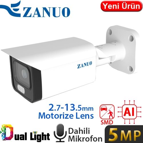 ZANUO (ZN-IPC-B3511E-ZAS-L) 5MP 2,8-13,5MM DUAL LIGHT+SMD+YAPAY ZEKA IP67 DAH.MİK.128GB BUL.KAM.50MT