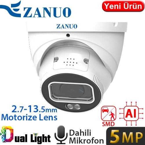 ZANUO (ZN-IPC-E3511M-ZAS-L) 5MP 2,8-13,5MM DUAL LIGHT+SMD+YAPAY ZEKA IP67 DAH.MİK.128GB DOME KAM.50M