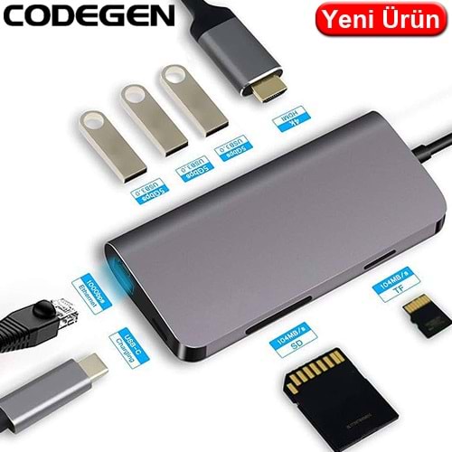 CODEGEN (CDG-CNV40) 8 IN 1 TEYP C USB 3.1 HUB, TYPE-C TO MULTİ USB 3,0 HDMI RJ45 ETH. MICRO SD, OTG 
