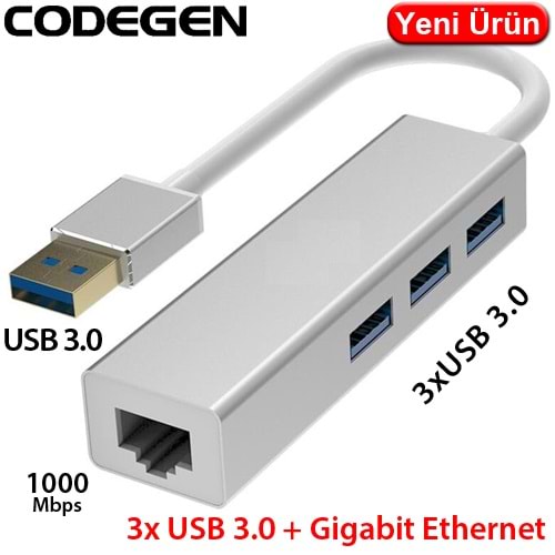 CODEGEN (CDG-CNV41) USB 3,0 3XPORT ÇOKLAYICI VE RJ45 GİGABİT ÇEVİRİCİ
