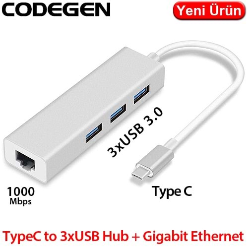 CODEGEN (CDG-CNV85) TYPE C TO 3xUSB 3.0 PORT ÇOKLAYICI HUB VE RJ-45 GIGABIT ETHERNET