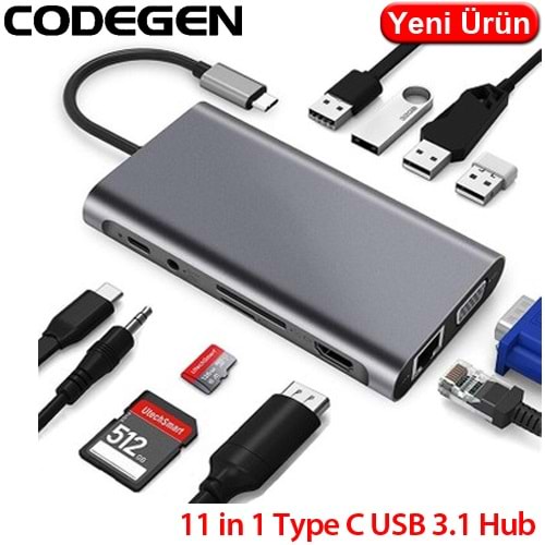 CODEGEN (CDG-CNV49) 11 IN 1 TEYP C USB 3.0 HUB HDMI VGA ETHERNET MICRO SD, OTG DÖNÜŞTÜRÜCÜ