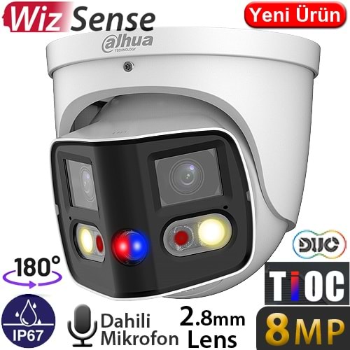 DAHUA (IPC-PDW3849-A180-AS-PV) 8MP 4X4MP 2,8MM DAH. MİK. SES VE LEDLİ ALARM IP67 FULL COLOR DOME 25M