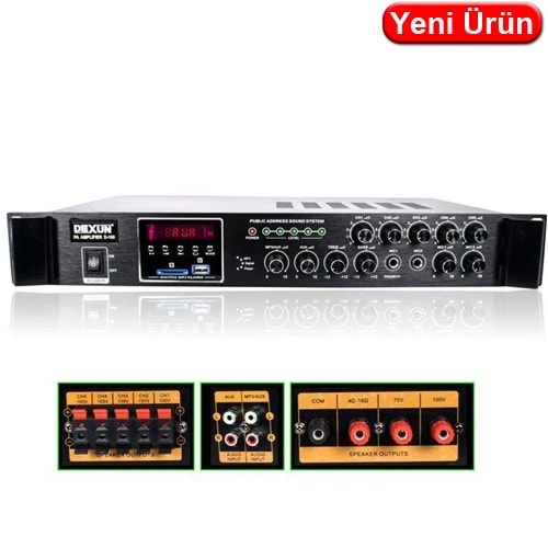 DEXUN (D-100) 100W 100V USB/SD/RCA/BT 2 KANAL 5 BÖLGELİ TRAFOLU STEREO ANFİ