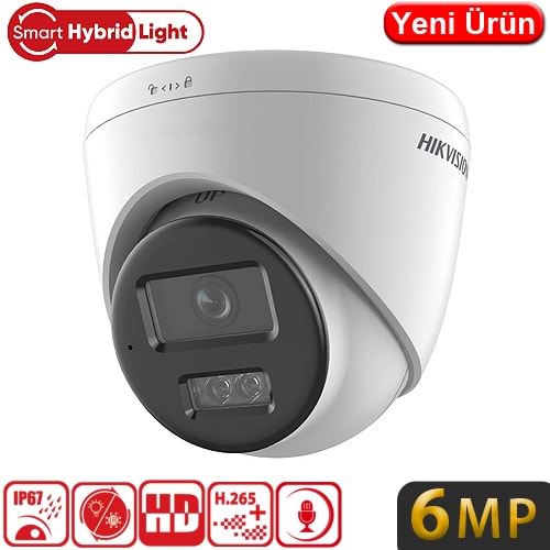 HIKVISION (DS-2CD1363G2-LIUF) 6MP 2,8MM SESLİ SMART HYBRID LIGHT IP POE DOME KAM IP67 30MT