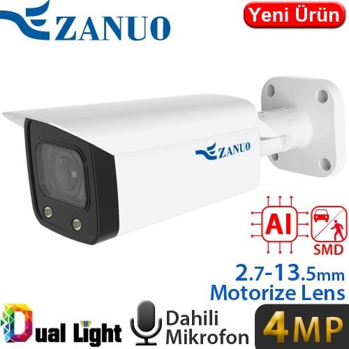 ZANUO (ZN-IPC-B2410E-ZAS-L) 4MP 2,7-13,5MM DUAL LIGHT+SMD+YAPAY ZEKA IP67 DAH.MİK.128GB BUL.KAM.50MT