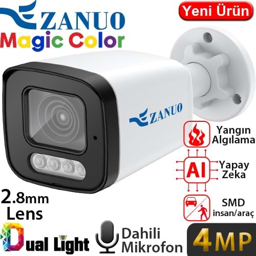 ZANUO (ZN-IPC-B2412C-S2-L-1/2.8MM) 4MP 2,8MM MAGİC COLOR IP67 DAH.MİK.128GB SD WDR SMD BUL.KAM 40M