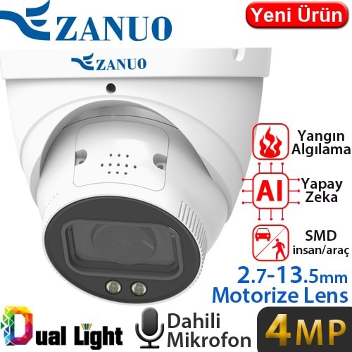 ZANUO (ZN-IPC-E2410M-ZAS-L) 4MP 2,7-13,5MM DUAL LIGHT+SMD+YAPAY ZEKA IP67 DAH.MİK.128GB DOME KAM 40M