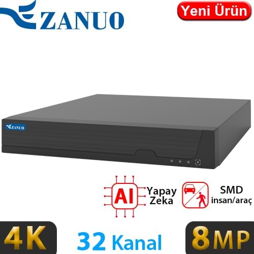 ZANUO (ZN-NVR6232E-I-L) 32 KANAL 2x14TB HDD DESTEKLİ 8MP KAMERA DESTEKLİ 4K NVR KAYIT CİHAZI