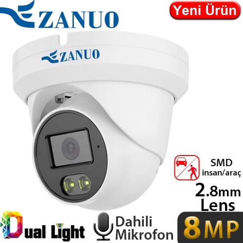 ZANUO (ZN-IPC-E1810C-S2-AS-L-2.8MM) 8MP 2,8MM DUAL LIGHT IP67 DAH.MİK.128GB SD DOME IP KAMERA 40MT