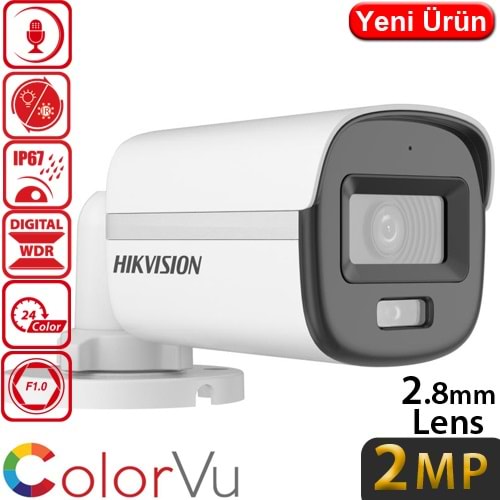 HIKVISION (DS-2CE10DF0T-LPFS) 2MP 2.8MM 1080P HD-TVI COLORVU PLASTİK DIŞ ORTAM SESLİ IR KAMERA 20MT.