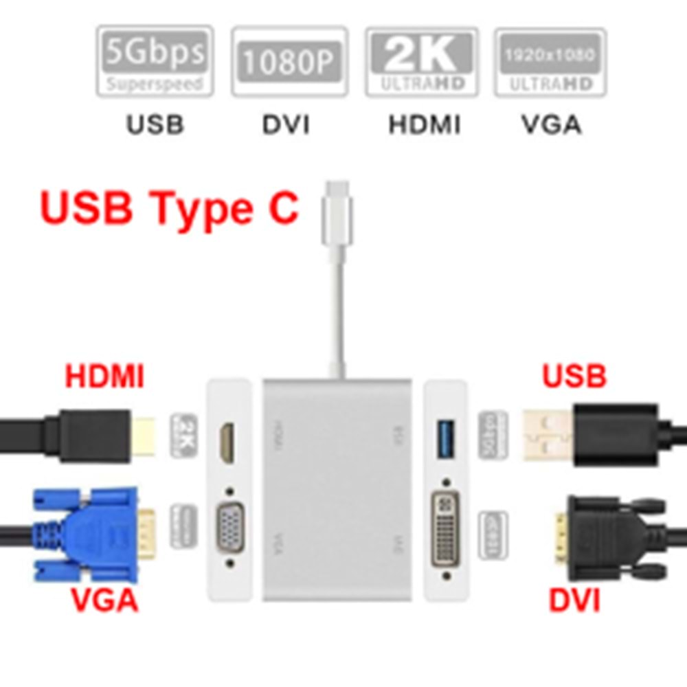 TEKNOGREEN (TKD-866) TYPE C TO HDMI+DVI+VGA+USB ADAPTÖR
