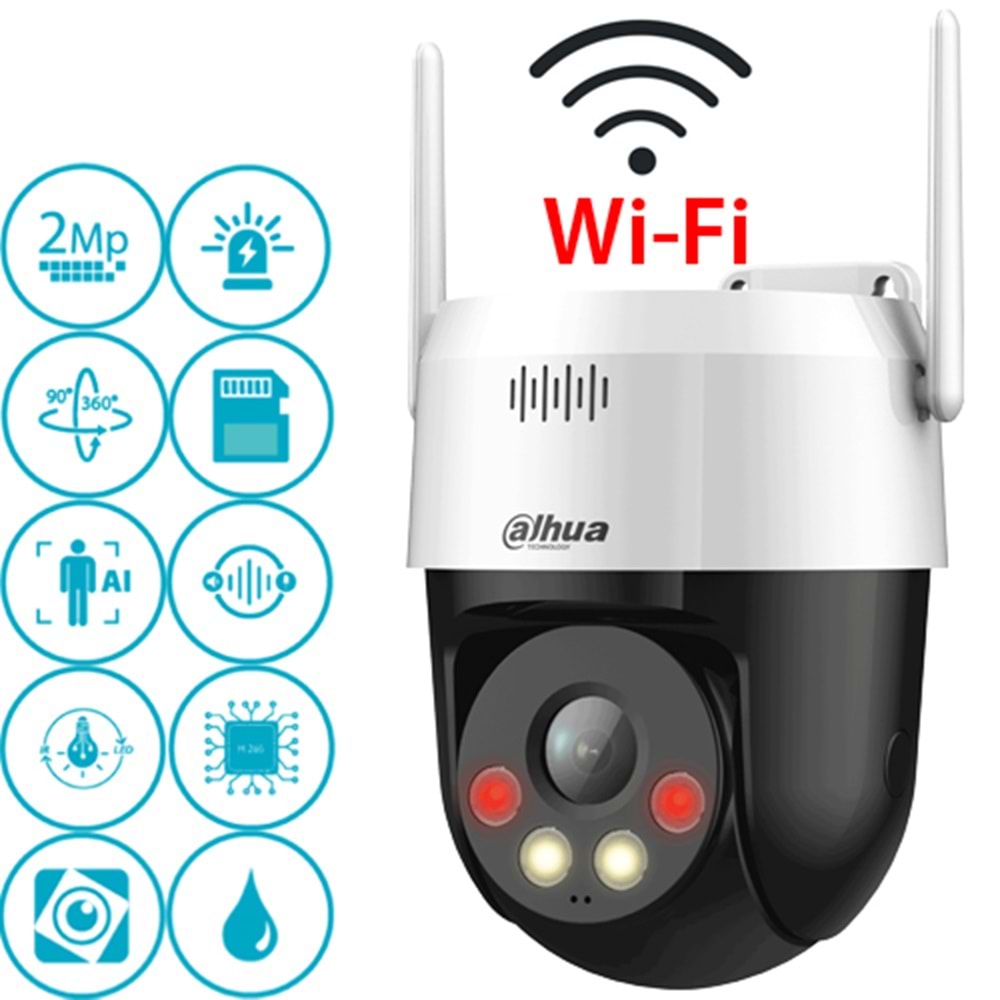 OUTLET DAHUA (SD2A200HB-GN-AW-PV-0400-S2) 2MP DAH.MİK.WİFİ SMART LED FULL COLOR PTZ KAMERA 30MT