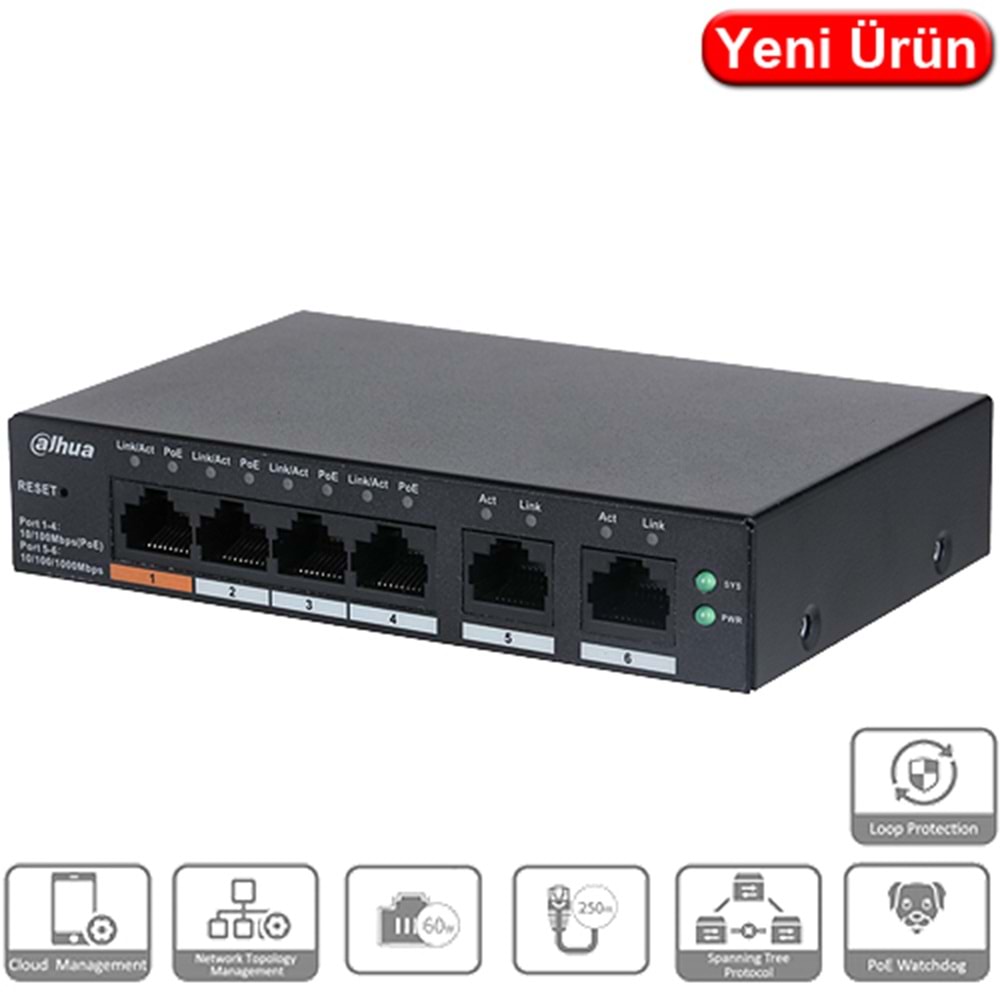 OUTLET DAHUA (CS4006-4GT-60) 6 PORT GİGABİT 4 PORT POE CLOUD YÖNETİLEBİLİR SWITCH