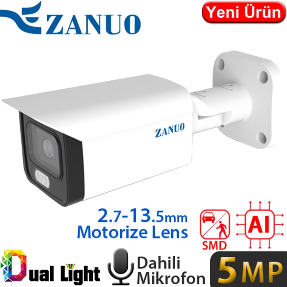 ZANUO (ZN-IPC-B3511E-ZAS-L) 5MP 2,8-13,5MM DUAL LIGHT+SMD+YAPAY ZEKA IP67 DAH.MİK.128GB BUL.KAM.50MT