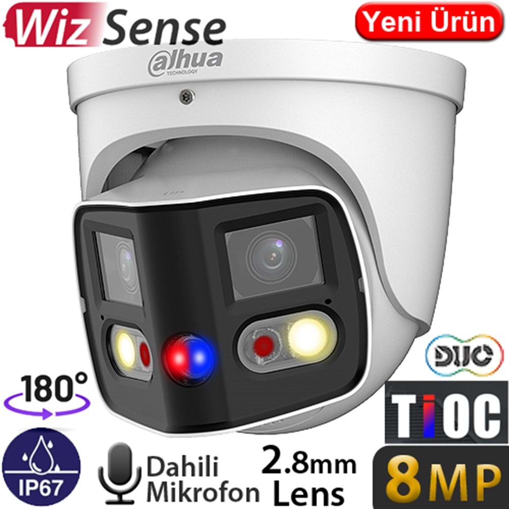 DAHUA (IPC-PDW3849-A180-AS-PV) 8MP 4X4MP 2,8MM DAH. MİK. SES VE LEDLİ ALARM IP67 FULL COLOR DOME 25M