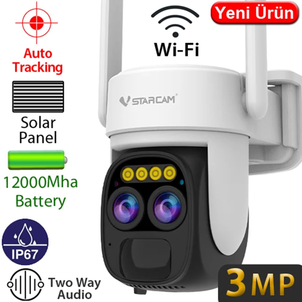 VSTARCAM (CB67D-Wİ-Fİ) 2X3MP 4MM WIFİ ÇİFT YÖNLÜ KONUŞMA İNSAN TAKİBİ 12000MAH 256GB SD SOLAR KAMERA